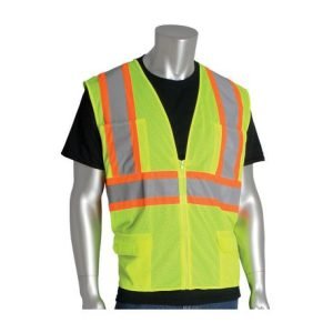 PIP® 302-MVZPLY-2X 2-Tone Safety Vest, 2XL, Hi-Viz Lime Yellow, Polyester Mesh, Zipper Closure, 6 Pockets, ANSI Class: Class 2, Specifications Met: ANSI 107 Type R